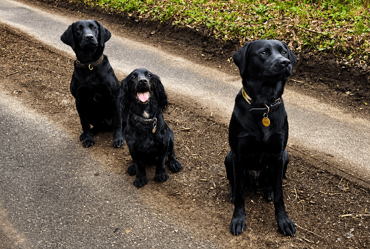 Three black dogs sitting on a path