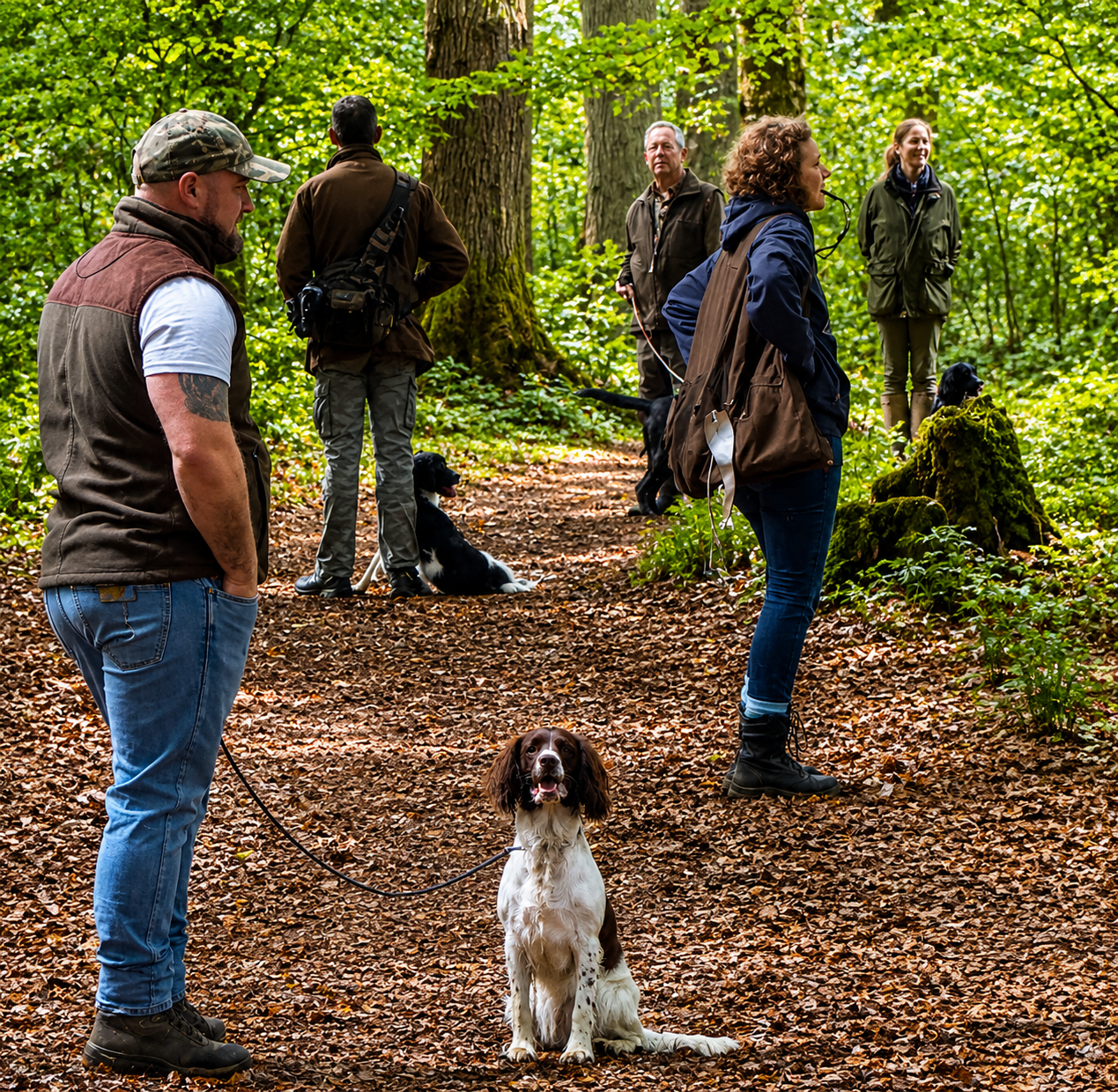 Group walking dogs on forest trail