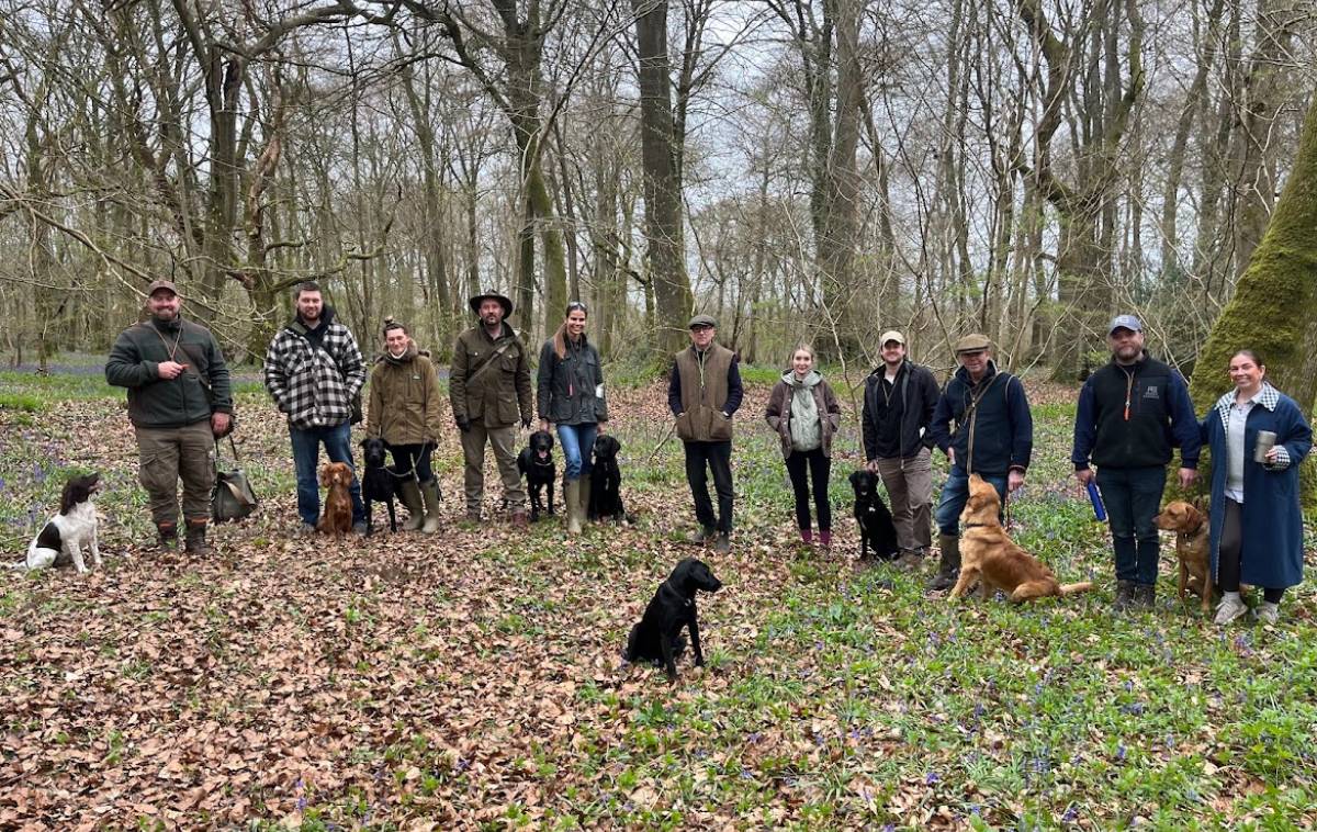 Group of people with dogs in woodland