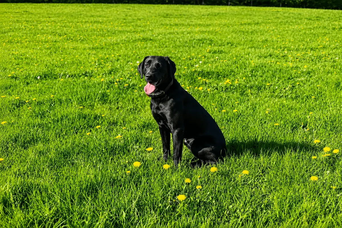 Well trained Black Labrador sitting in sunlit grassy field